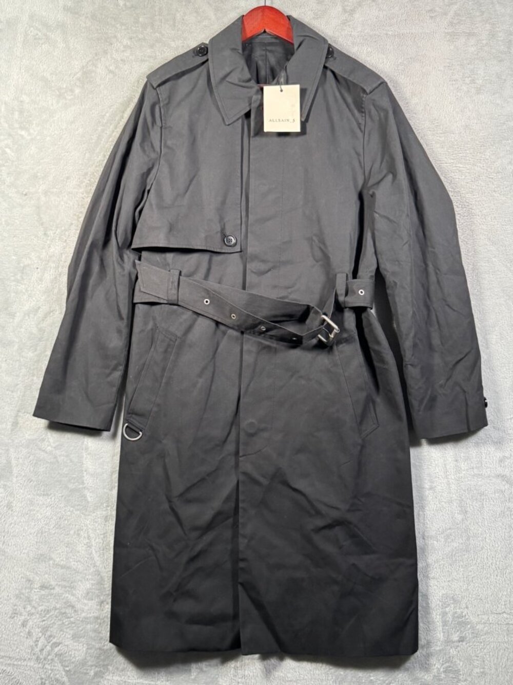 Allsaints Bastille Trench Coat Mens Small Black Cotton Belted $619